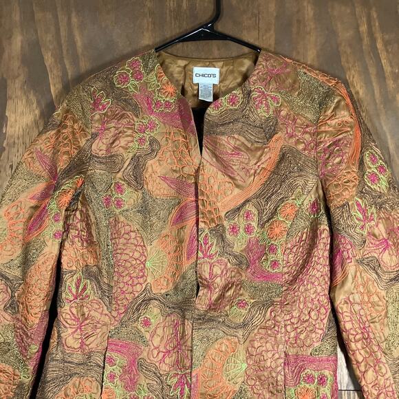 Chicos Womens Jacket Orange Brown Floral Embroidered Hook & Eye Closure 0 (S) - Picture 2 of 11